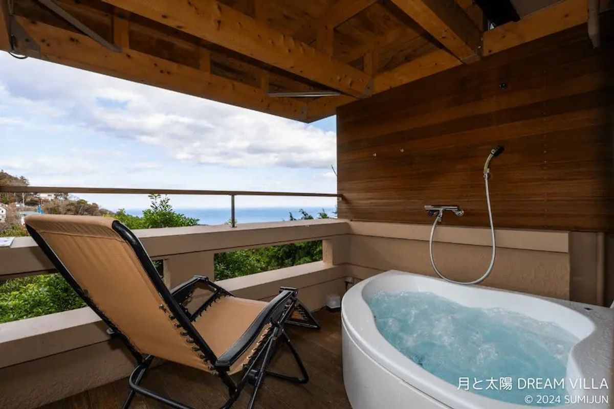 A moment to enjoy both the view and the onsen (hot spring) in our open-air bath on the terrace.