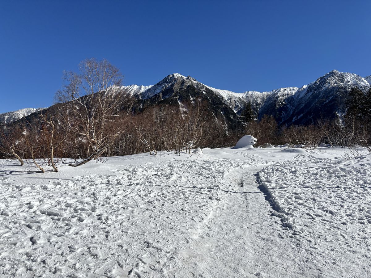 Snow-covered trail leading toward the ridgeline of the Japanese Alps under a bright blue winter sky