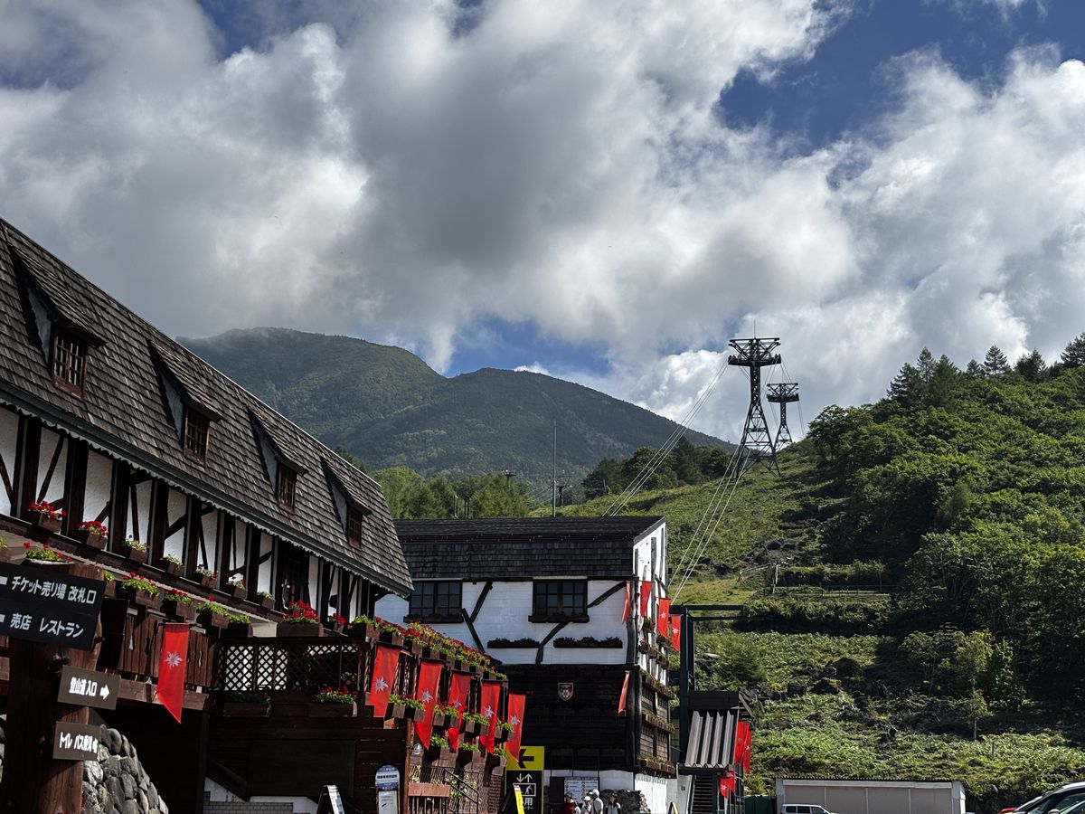 Lodge-style base station with red banners at the foot of the mountain in Chino, green peaks and gondola towers behind