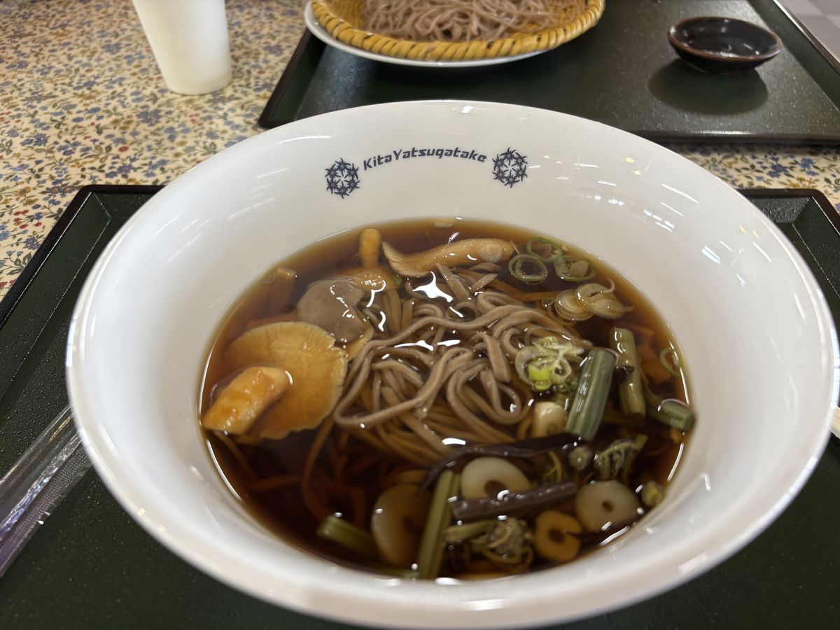 きのこと山菜が入った温かい醤油味のそばと、隣に並ぶざるそば(茅野)
