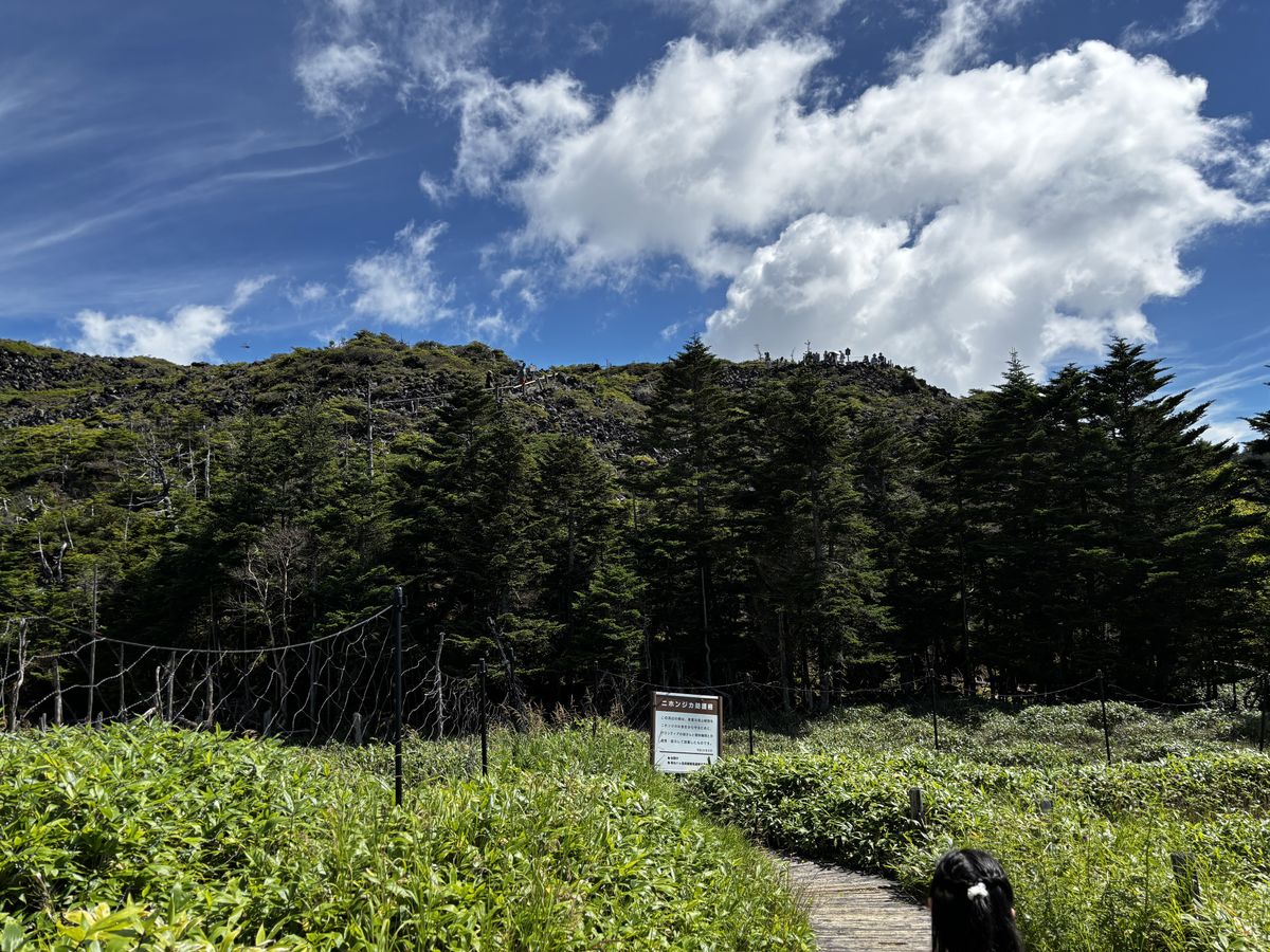 Deer fence sign along the Tsuboniwa boardwalk, with climbers visible on the distant summit